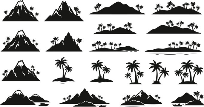 Tropical island and mountain silhouettes set with palm trees and volcanoes for travel and nature design projects