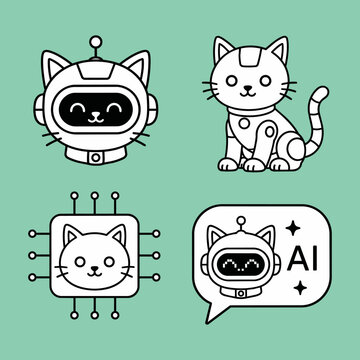 Robot cat illustrations as artificial intelligence bots, AI technology vector icons