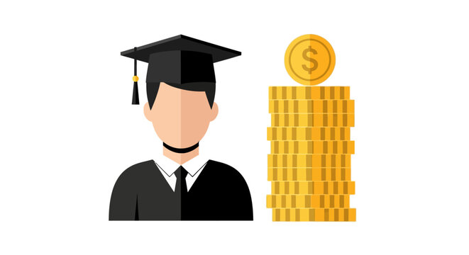 Student Education Cost and Graduation Investment Concept: Graduate in Mortarboard with Stack of Gold Coins and Dollar Symbol