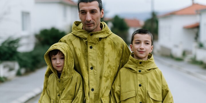 Father with two children in matching green raincoats standing on a wet street for family portrait and parenting blog banner