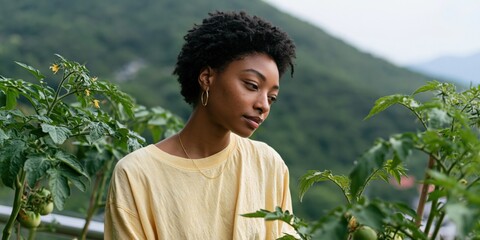 Obraz premium Young woman tending tomato plants on a balcony garden with mountain view for sustainable living and gardening background, home urban farm and eco lifestyle design