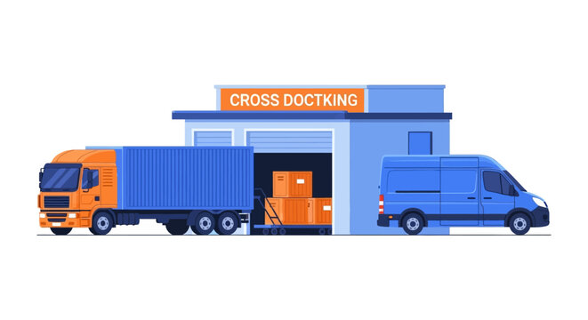 Logistics Cross Docking Warehouse Facility with Semi Truck, Delivery Van and Cargo Boxes - Flat Vector Illustration for Supply Chain and Freight Transportation