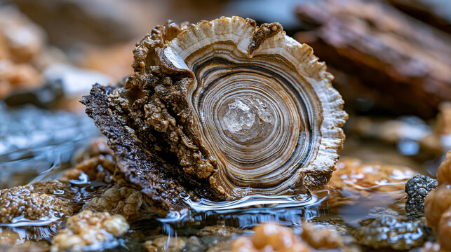 Cave pearl limestone concentric formation resting in shallow calcite pool, onion-layer aragonite coating built over centuries of dripping water, speleothem specimen, cave geology study, carbonate mi