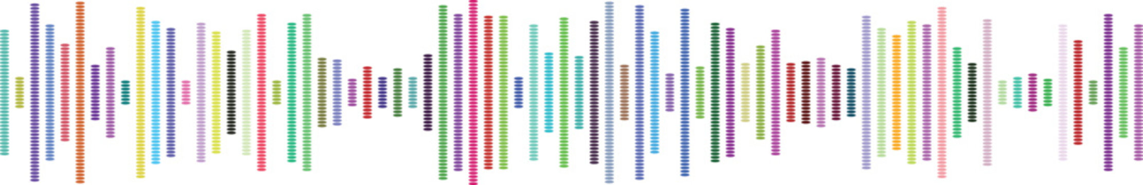 Horizontal audio equalizer with varying heights and colorful vertical lines representing digital sound frequencies and musical beats.