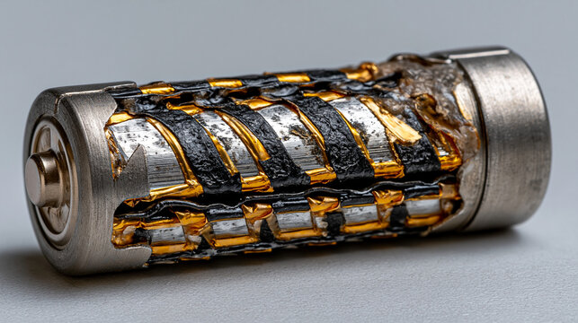 Cylindrical lithium-ion battery cell cross-section exposing internal electrode winding architecture, separator membrane layers alternating with anode and cathode foil sheets, electrolyte-wetted surf
