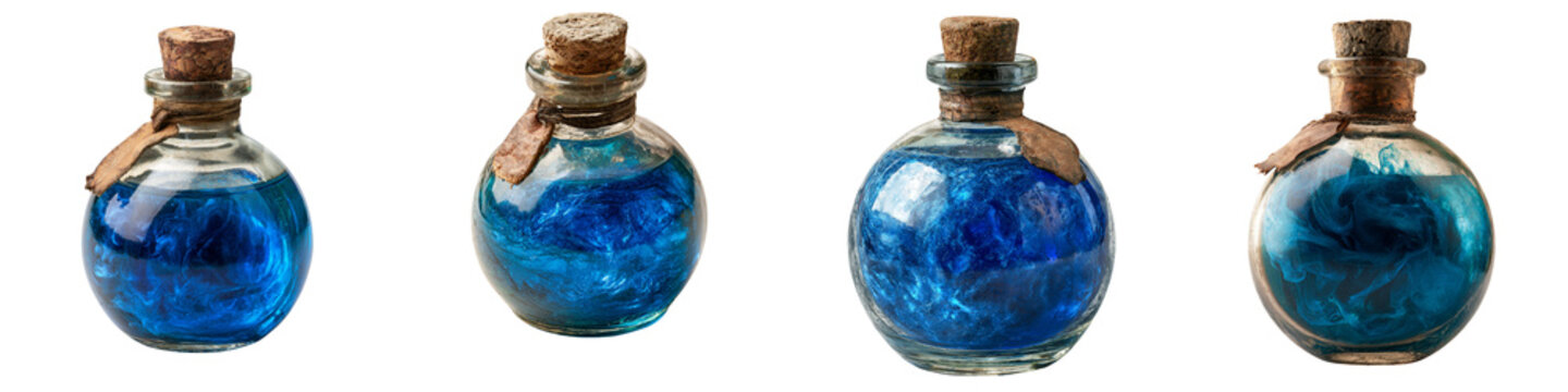 Four small glass bottles filled with blue liquid on transparent background