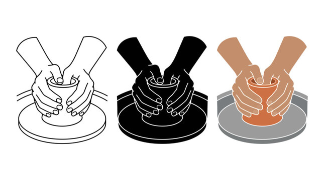 A detailed vector illustration showcasing three distinct artistic styles of hands shaping clay on a pottery wheel, representing diverse creative processes.