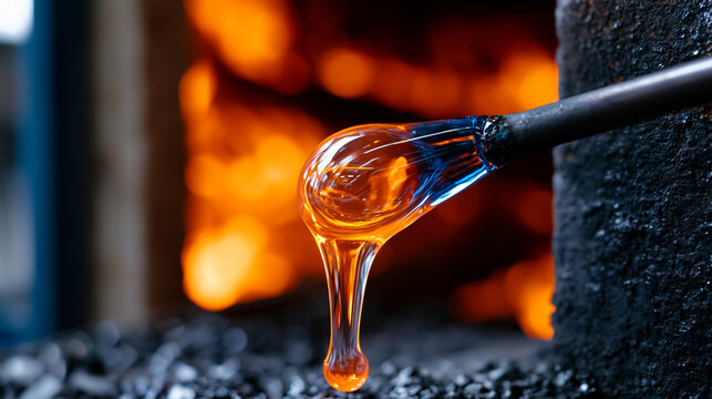 Molten borosilicate glass gather on iron blowpipe tip glowing incandescent in furnace mouth, viscous fluid gravity drop forming, glassblowing studio, sodium silicate melt temperature, flameworking a