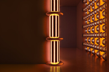Naklejka premium Neon interior room with glowing pillars and metallic sphere wall creating modern abstract space illuminated in warm light. 3D Rendering