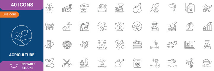 Agriculture Icon Set. Containing Farming, Farmer, Crop, Harvest, Tractor, Livestock, Wheat, Corn, Irrigation, Organic Farming and etc. Line Icon. Editable Stroke. Vector Illustration © Ariful