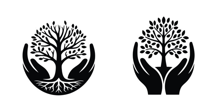 Set of four black and white minimalist tree and hands icons, vector collection featuring nature conservation, environmental care, growth, sustainability, and community support symbols