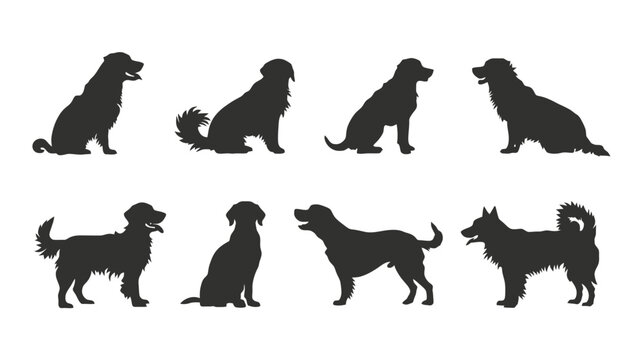 Golden Retriever dog silhouettes, set of 8 black canine vector icons, sitting and standing retriever breeds for pet shop branding and logos