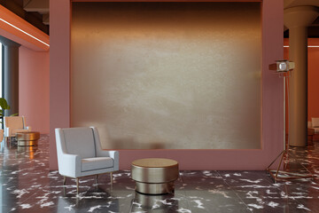 Naklejka premium Modern luxury waiting area interior with marble floor, soft lighting, stylish armchair and round table in contemporary hall space. 3D Rendering