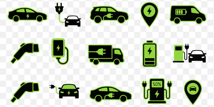 Electric vehicle and charging station icons flat design with transparent background
