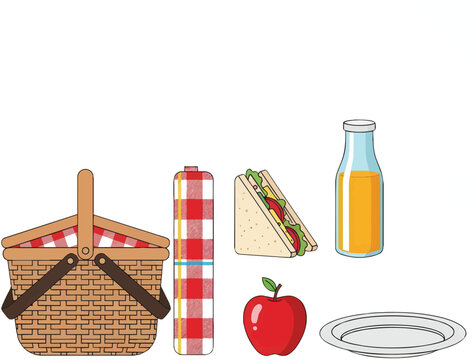 A festive picnic set featuring a brown woven basket a red plaid mat a fresh sandwich an orange juice bottle a bright red fruit and an empty plate shown on a clean transparent backg