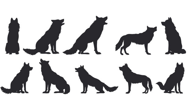 Wolf silhouette collection with 10 howling and sitting poses, black wild animal vector set, canine predator outlines for wilderness design