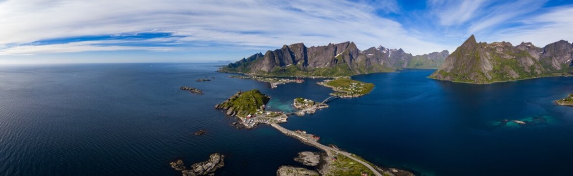 Lofoten Islands Panoramic Aerial View with Mountains and Ocean