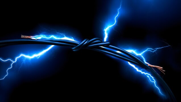 Electric Blue Lightning Striking Knotted Barbed Wire Cable in Dark Background