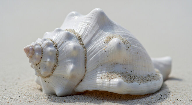Close-up of white seashell on sandy beach