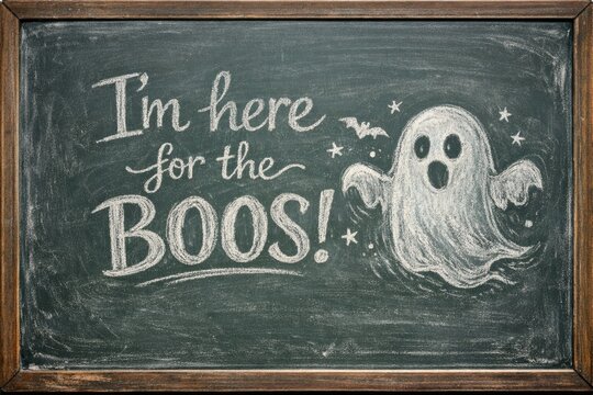A spooky chalk drawing of a ghost with the message 'I'm here for the boos'