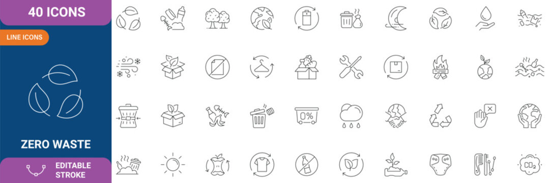 Zero Waste Icon Set. Containing Recycling, Sustainability, Eco Friendly, Reduce, Green Living, Environment, Composting, Plastic Free, Circular Economy and etc. Line Icon. Editable Stroke. Vector