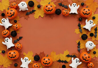 Naklejka premium Halloween decoration background with pumpkins and ghosts for autumnal celebration
