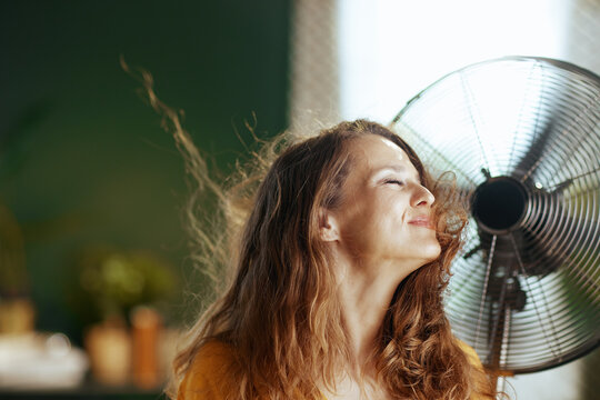 A smiling woman with closed eyes and flowing brown hair tilts her head back, enjoying a refreshing breeze from an electric fan. This indoor scene captures deep relief and well-being from hot weather.
