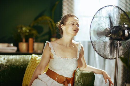 A middle-aged woman, eyes closed and mouth slightly open, finds visible relief from the heat as she embraces the cool breeze from a standing fan, captured in a close-up that highlights her comfort.