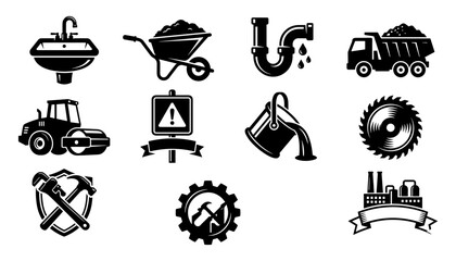 Industrial Construction and Plumbing Silhouette Icon Set Featuring Bathroom Sink, Wheelbarrow, Dump Truck, Road Roller, Warning Sign, Pouring Paint, Circular Saw, and Factory Badges © MstMorgena