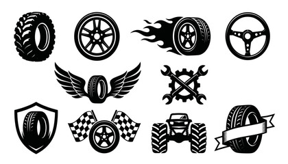 Automotive and Car Racing Tire Icon Set Featuring Flaming Wheels, Offroad Tires, Steering Wheel, Service Wrenches, Racing Flags, and Monster Truck Graphics © MstMorgena