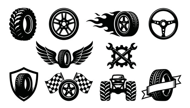 Automotive and Car Racing Tire Icon Set Featuring Flaming Wheels, Offroad Tires, Steering Wheel, Service Wrenches, Racing Flags, and Monster Truck Graphics