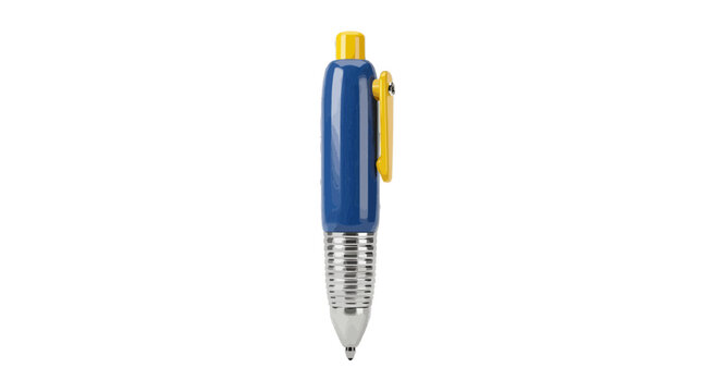 Vector illustration of stylized blue and yellow ballpoint pen on a transparent background