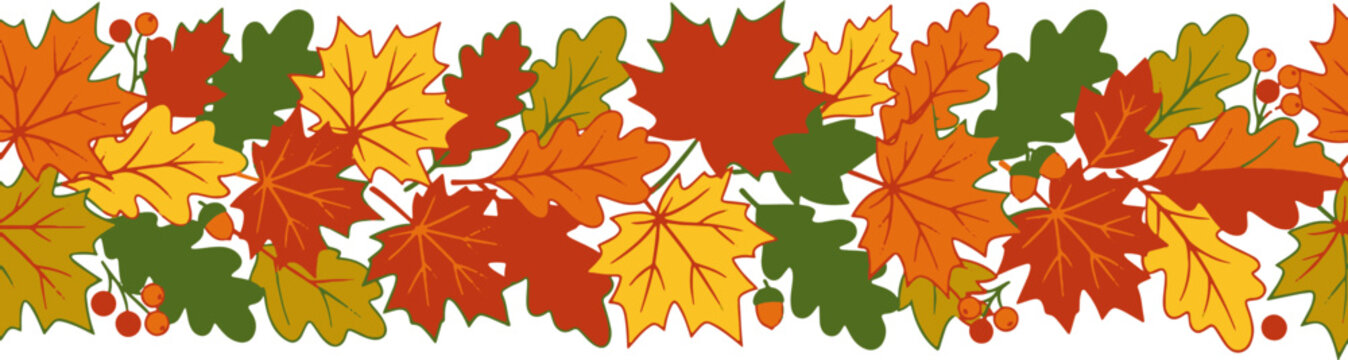 Autumn leaves pattern border seamless horizontal vector background for fall season design.