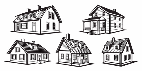 Fototapeta premium Black silhouette of 16 village houses, isolated on white background, isolated white background
