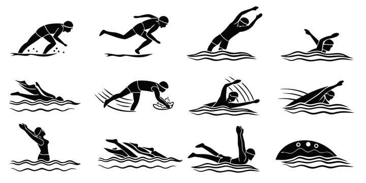 Set of 16 black silhouette of swimming strokes and water sports freestyle backstroke