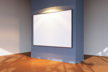 Fototapeta premium Large blank framed canvas displayed on blue wall inside modern gallery room with soft light creating calm contemporary interior atmosphere. 3D Rendering