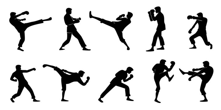 Six black silhouettes of martial arts fighters in dynamic poses karate taekwondo