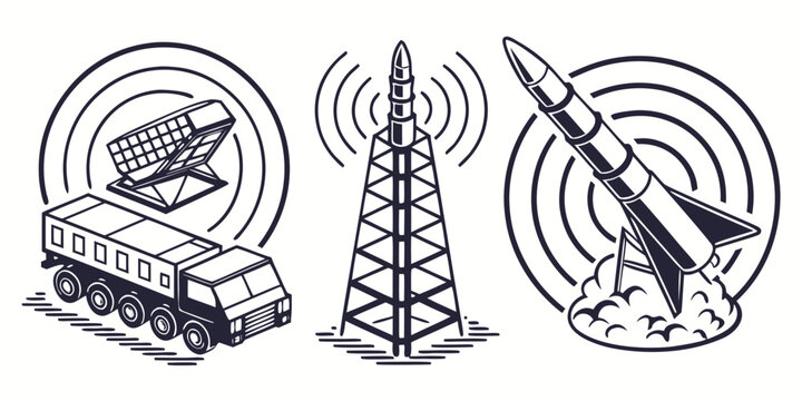 Strategic missile system, radar, satellite, and submarine set in black and white