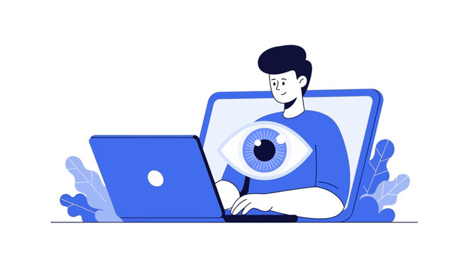 Cybersecurity and Internet Surveillance Concept: Man at Laptop Monitored by a Large Eye Vector Illustration