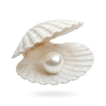 Open scallop shell with a shiny white pearl isolated on white background