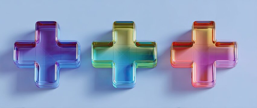 Three translucent plus signs with rainbow gradient colors arranged in a row on a light blue background.