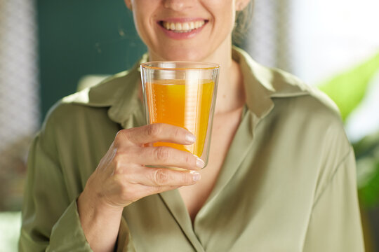 Featuring a soft smile, a woman in a green shirt holds a double-walled glass of fresh orange juice, representing a healthy lifestyle choice and a refreshing morning routine.