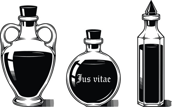 Vintage Alchemy Magic Potion Glass Bottles Set with Jus Vitae Elixir for Dark Fantasy Games Halloween Graphics and Witchcraft Vector Illustration