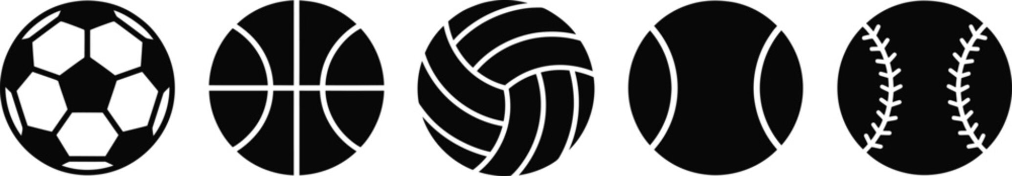 Black and white sports balls icons
