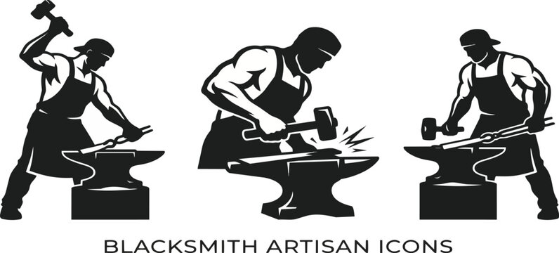 Blacksmith artisan icons set with three strong muscular men working at anvil with hammer and tongs on transparent background