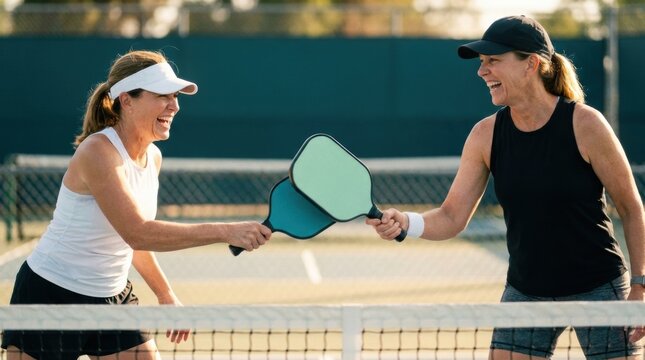 Two women pickleball players smiling and tapping paddles at net during friendly volley for social media banner and sports background