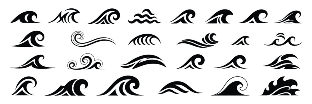 Black wave abstract water waves silhouette vector set, decorative sea splashes, ocean curves, nautical tide elements, weather storm streams, and ornate marine design collection