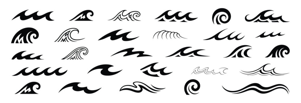 Black wave abstract water waves silhouette vector set, decorative sea splashes, ocean curves, nautical tide elements, weather storm streams, and ornate marine design collection