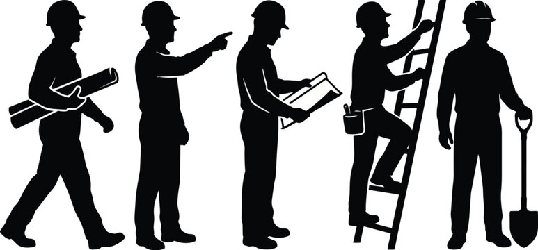Silhouette of five construction workers in various poses with tools on transparent background