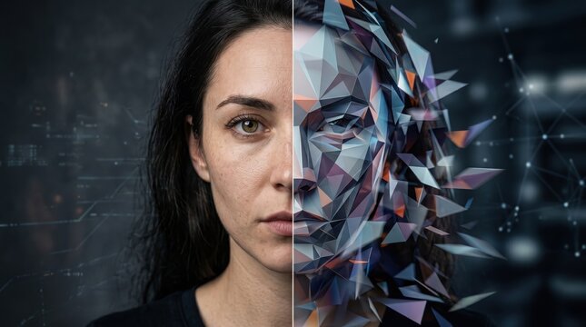 Woman face is split between a realistic portrait and a complex low poly geometric digital reconstruction.